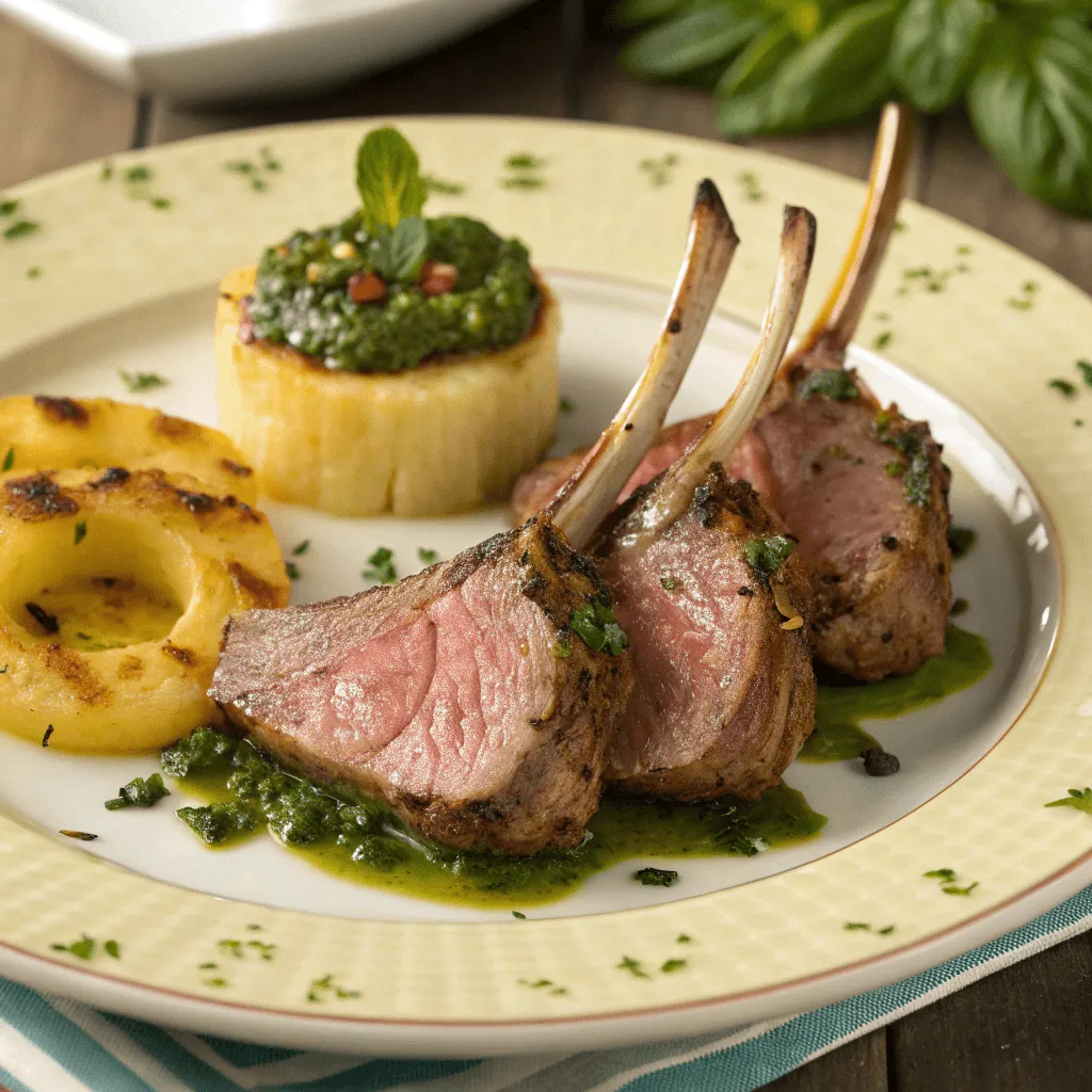 Three double-cut American lamb chops, served with mint jelly and a pineapple ring.