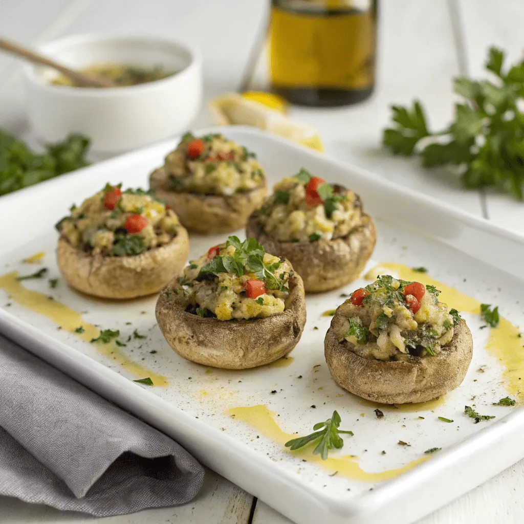 Mushroom caps stuffed with a savory artichoke filling.
