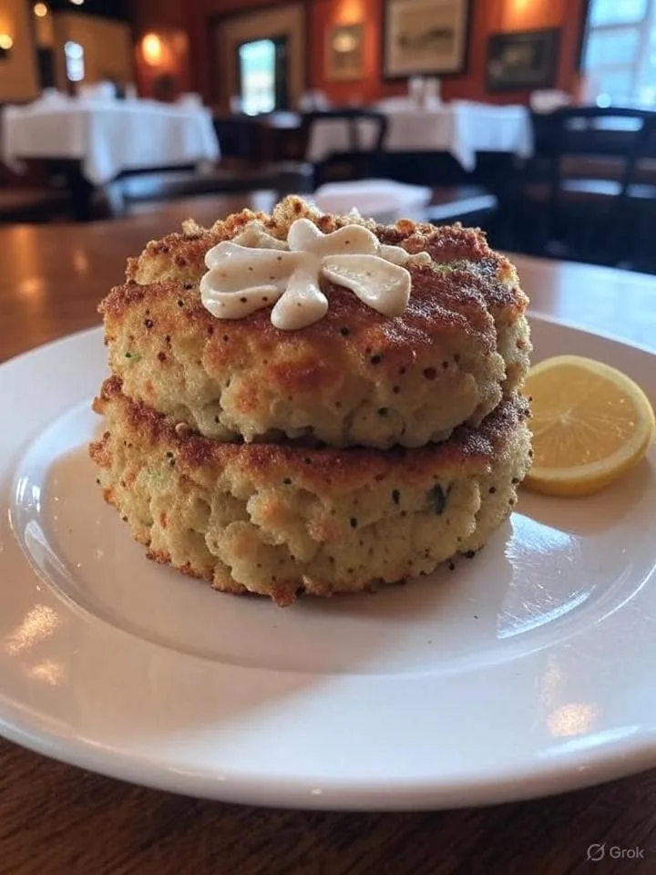 Golden-brown baked crab cakes paired with creamy bowtie remoulade sauce.