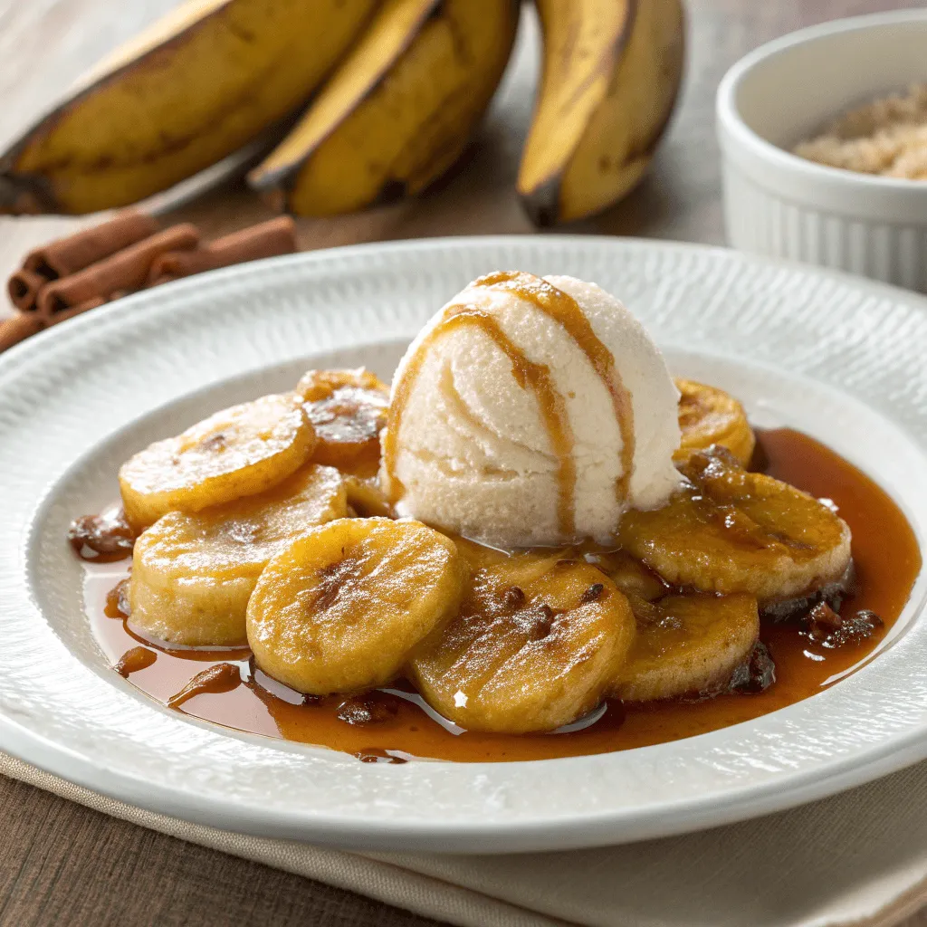 Fresh bananas sautéed with butter, brown sugar, cinnamon, rum, and banana liqueur, served warm over vanilla ice cream.