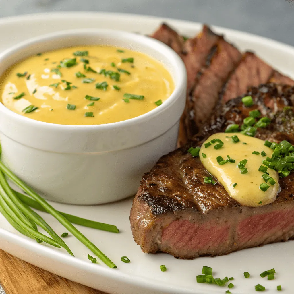 Classic Béarnaise sauce made with tarragon, vinegar, and egg yolk.