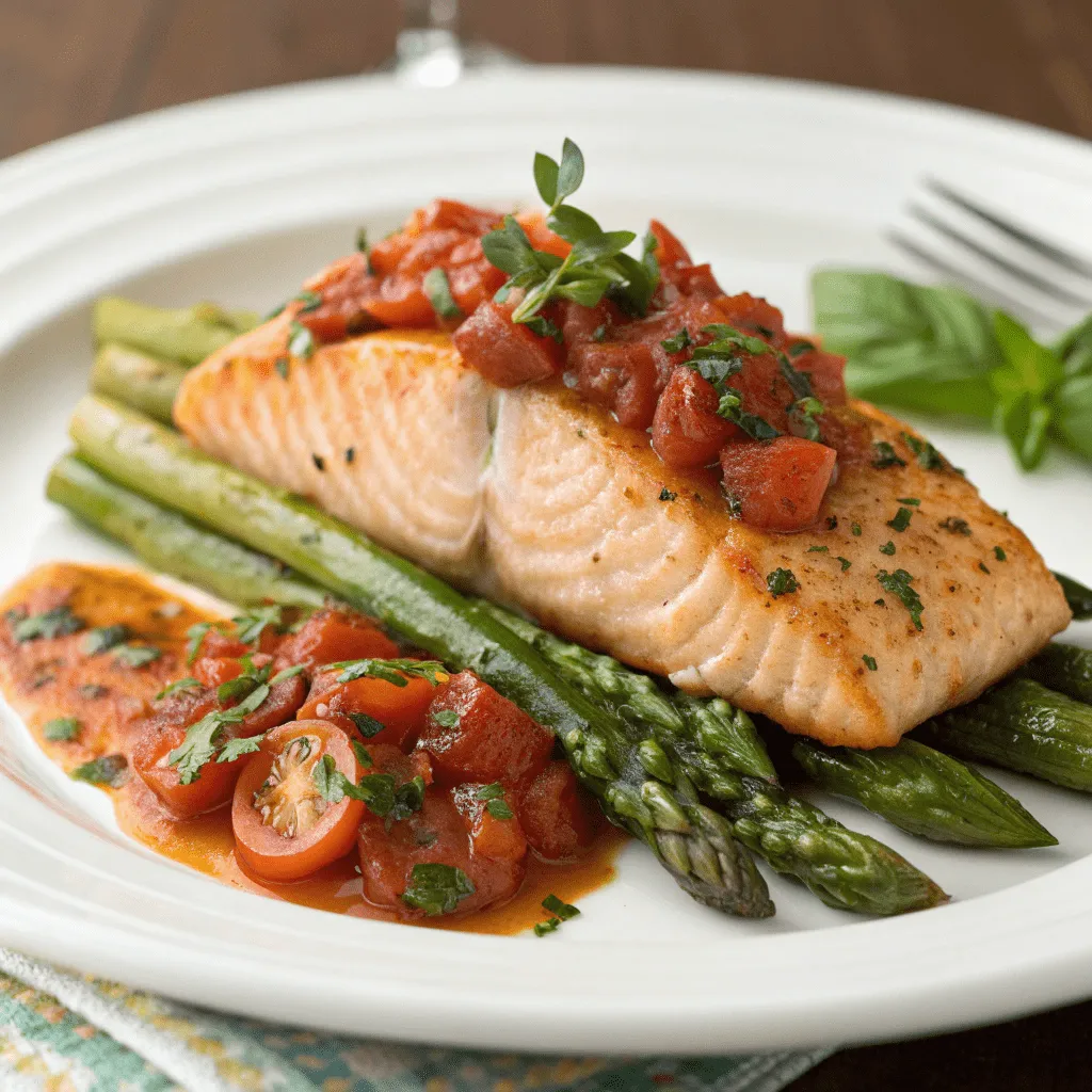 A delicious Atlantic salmon fillet, served with roasted tomato sauce and asparagus.