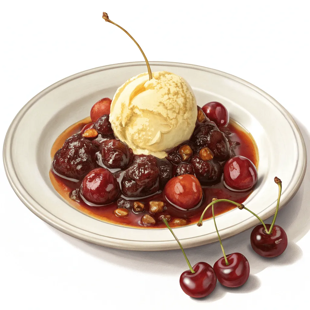 Dark cherries sautéed with butter and sugar, finished with rum and cherry liqueur, served warm over vanilla ice cream.