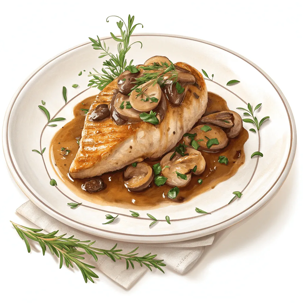 Airline chicken breast served with mushrooms in a rich brandy reduction sauce.