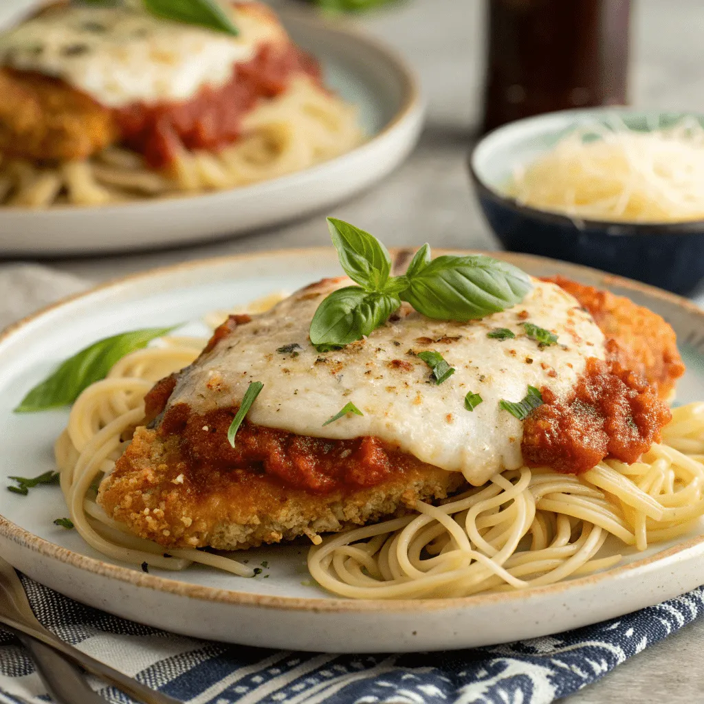 Boneless chicken breast topped with tomato sauce and melted mozzarella cheese.