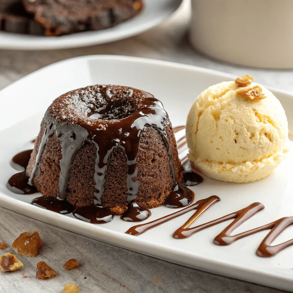 Molten chocolate cake with rich chocolate sauce, served with praline ice cream.