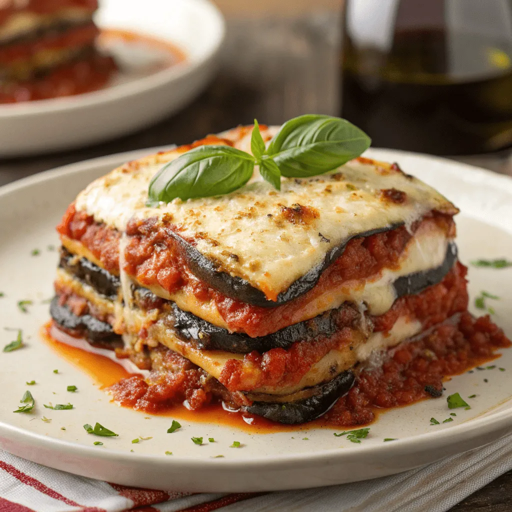 Tender eggplant slices covered in tomato sauce and melted mozzarella cheese.