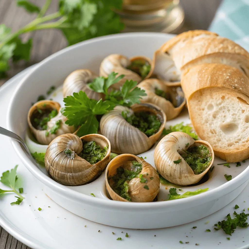 Escargots served with a rich herb and garlic butter sauce.