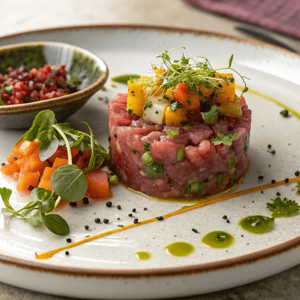 Fresh filet mignon tartare topped with house-made giardiniera.
