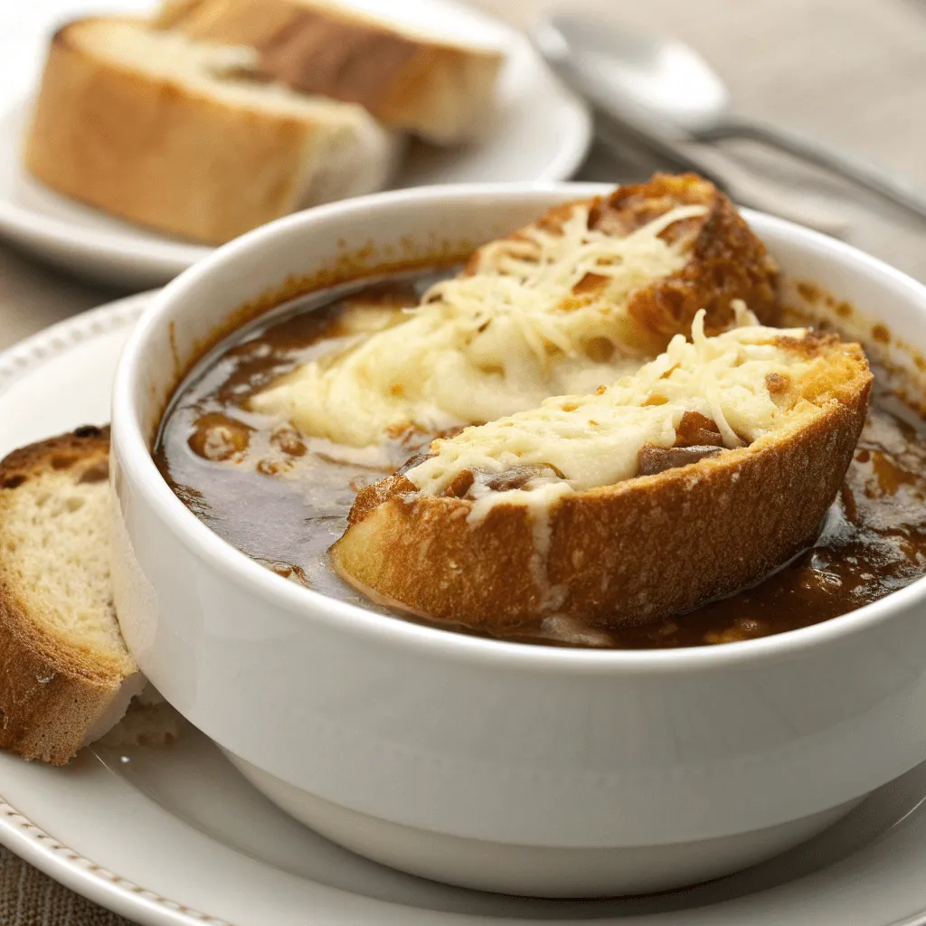 Rich French onion soup topped with melted Gruyère cheese and served on French bread.