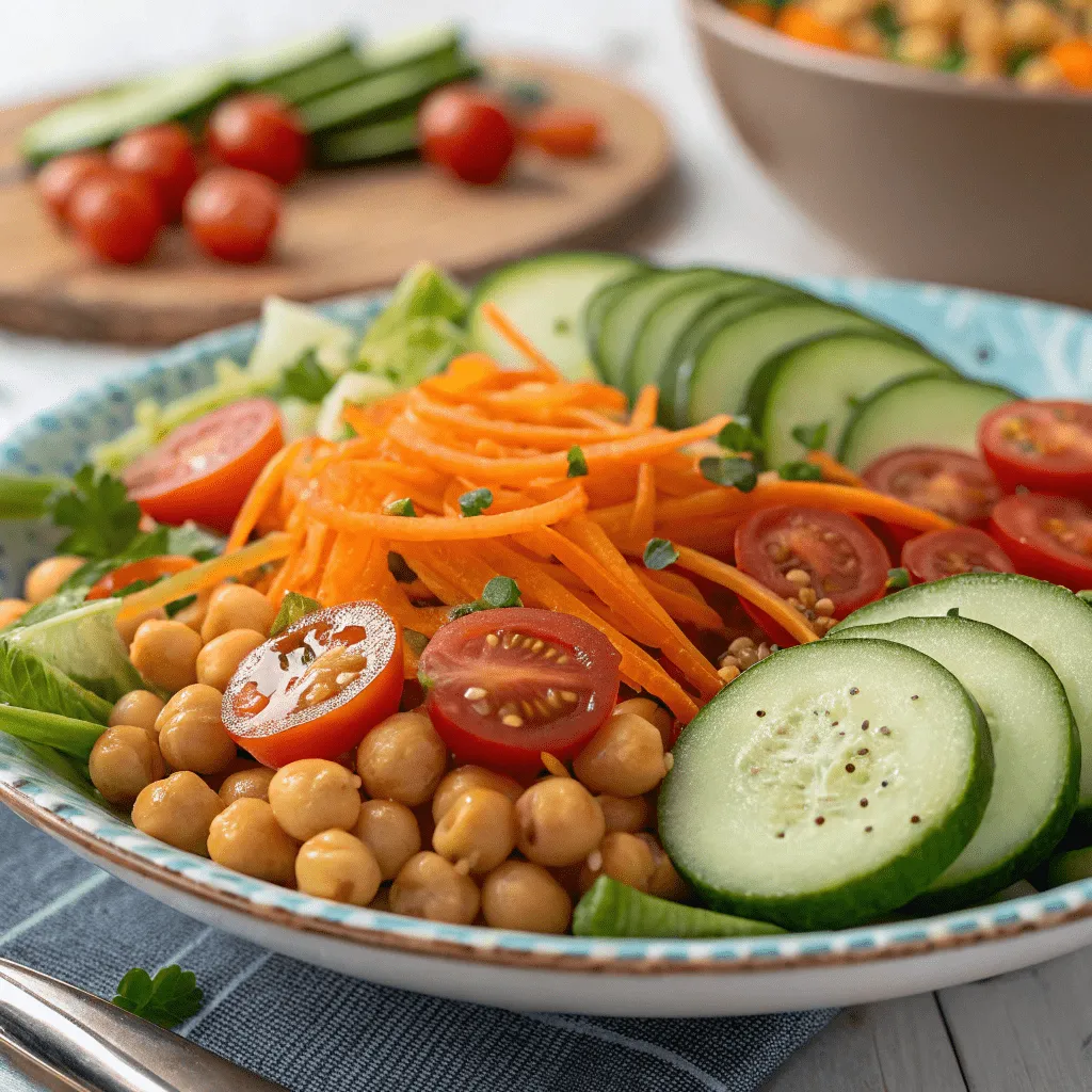 A fresh salad with cucumbers, carrots, garbanzo beans, and tomatoes, served with your choice of dressing.