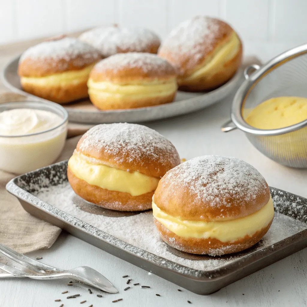 Sugar-dusted donuts filled with rich vanilla custard.