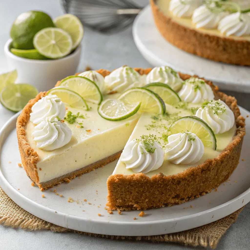 tart key lime pie topped with candied lime and a dollop of vanilla whipped cream.
