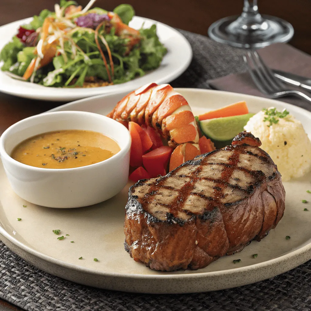 A combination of tender Longhorn steak and lobster tail, served with soup or salad and two sides.