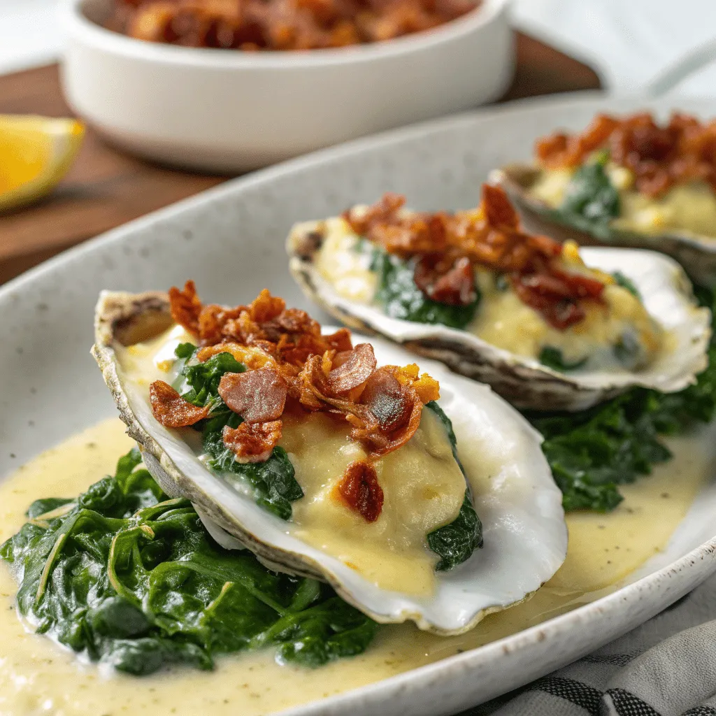 Oysters topped with creamed spinach, hollandaise sauce, and crispy bacon.