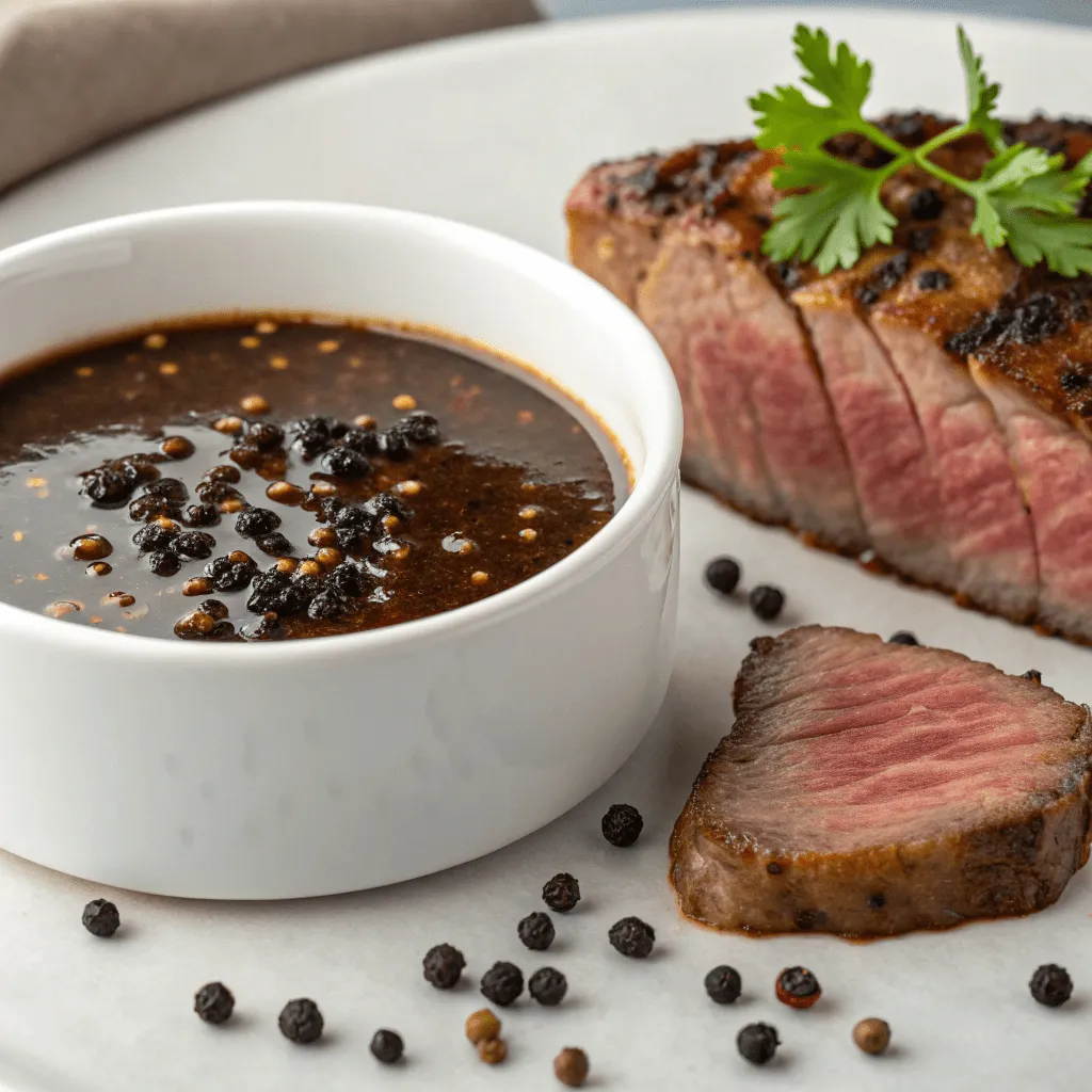 Peppercorn sauce, a rich blend of cream and cracked black pepper.