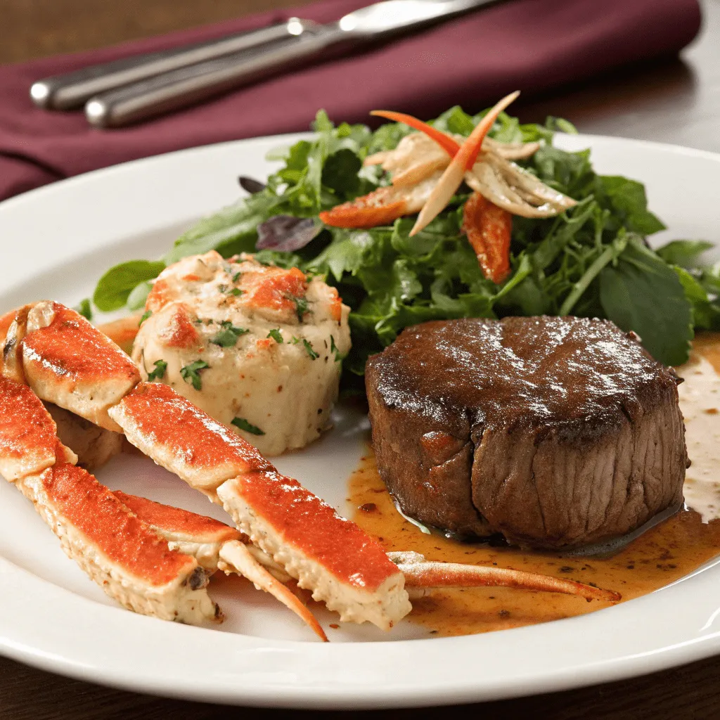 A juicy petite filet accompanied by sweet crab legs, served with your choice of salad and side.