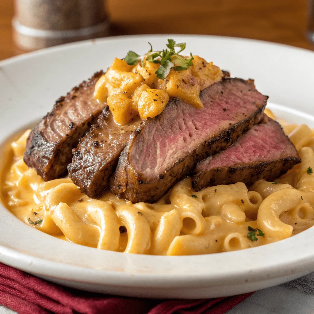 Macaroni & cheese topped with the best cuts of prime beef.