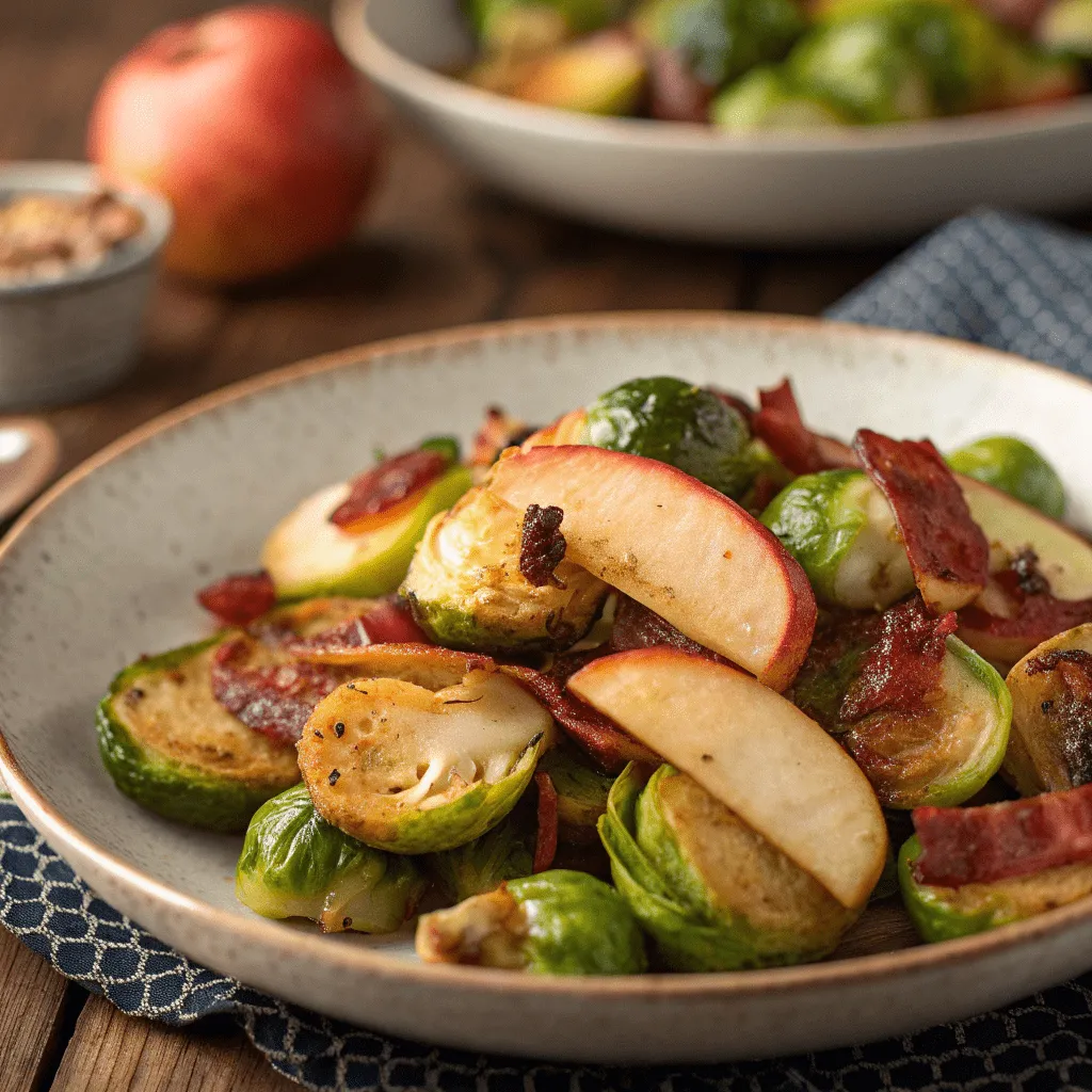 Roasted Brussels sprouts with apples and cherry wood bacon.