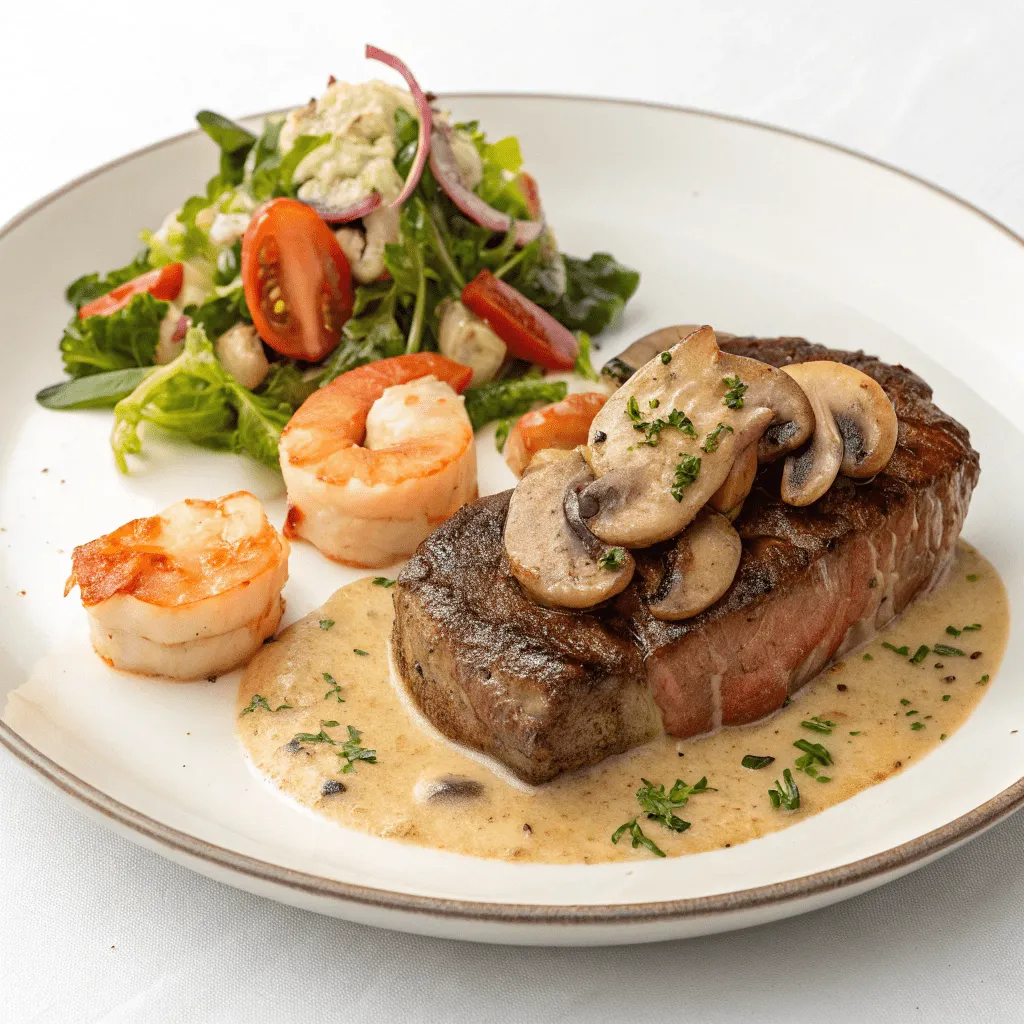 A savory Shorthorn steak accompanied by Shrimp de Jonghe in garlic butter, served with your choice of salad and side.