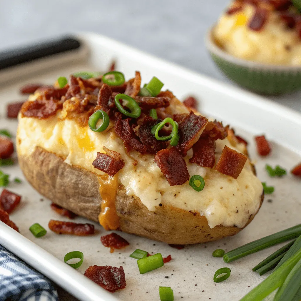 A twice-baked potato topped with cherry wood bacon, cheese, and green onions.