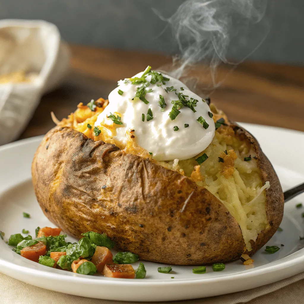 A massive baked potato, fluffy on the inside with a crispy skin.