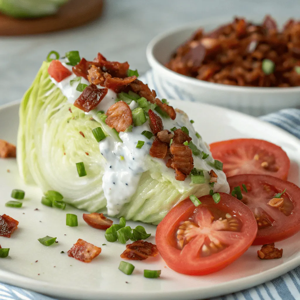 Crispy wedge of iceberg lettuce topped with tomatoes and crispy bacon.