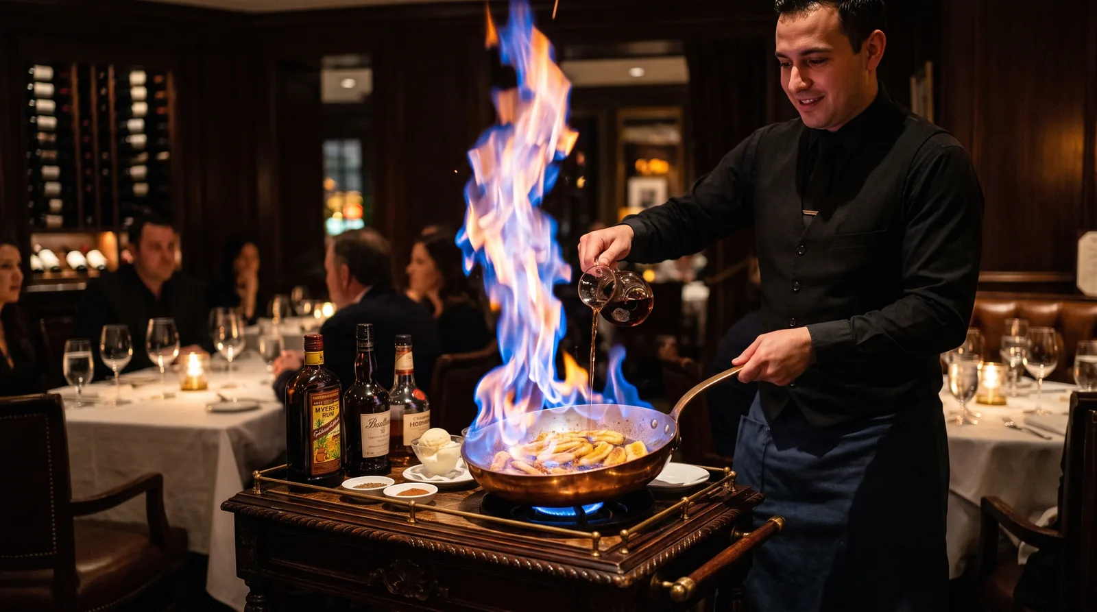 Bananas Foster flambe dessert prepared tableside with a blue flame