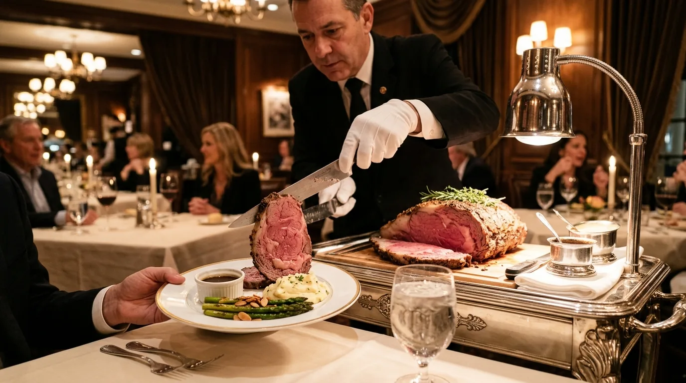 carved prime rib served from a silver tableside carving trolley