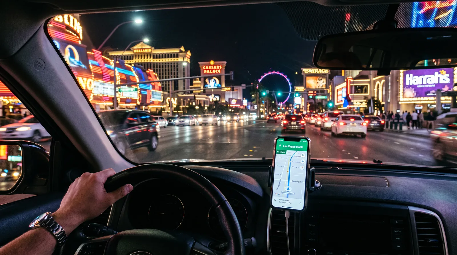 Driving from Caesars Palace to the Golden Steer Steakhouse at night on Las Vegas Boulevard