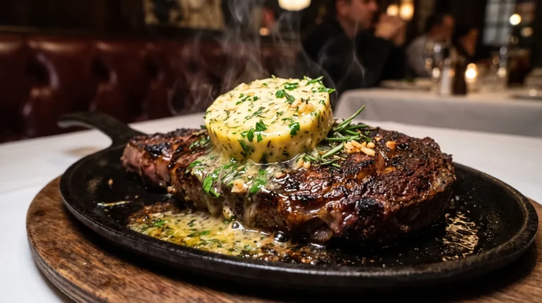 Golden Steer maitre d' butter melting over a seared steak in a cast-iron pan