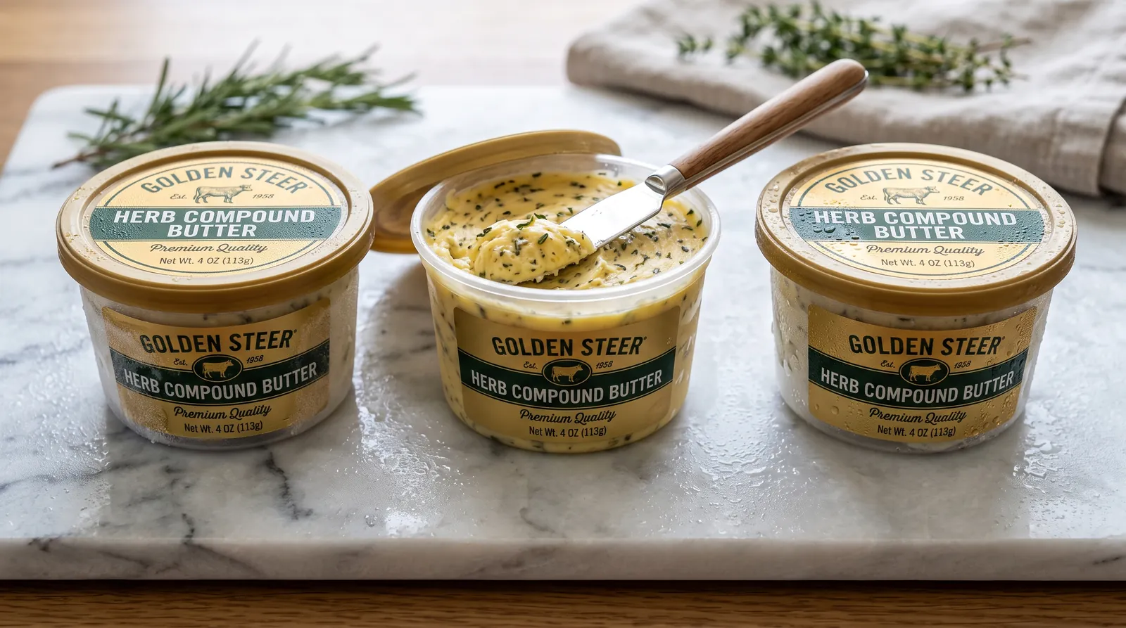 Three tubs of Golden Steer herb compound maitre d' butter on a marble surface