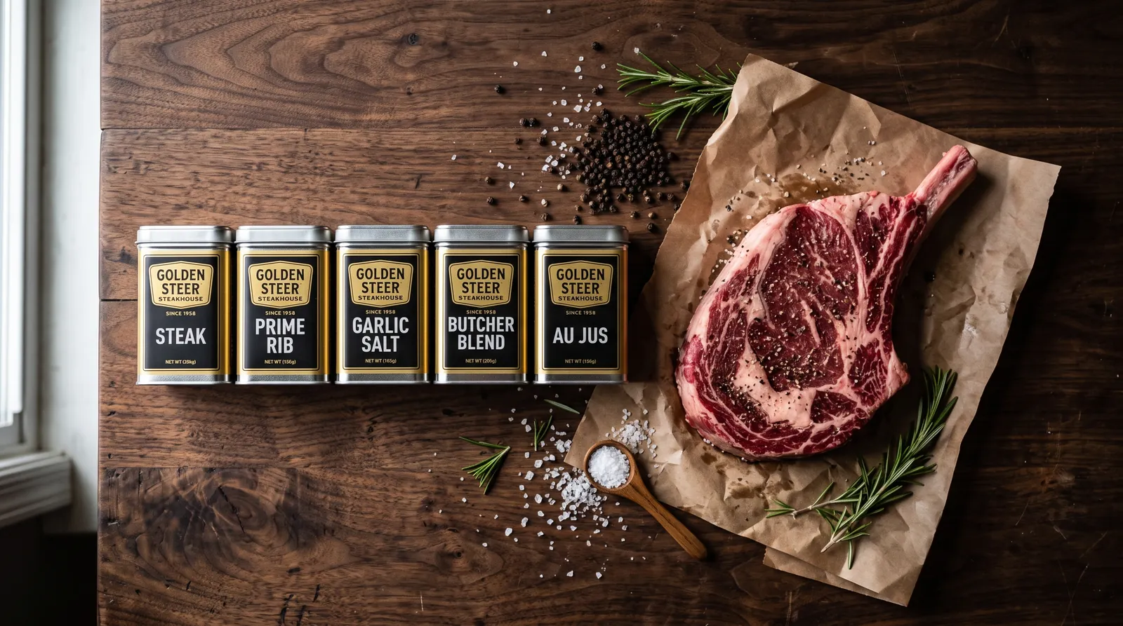 Golden Steer steak seasoning tins arranged beside a raw ribeye steak on butcher paper