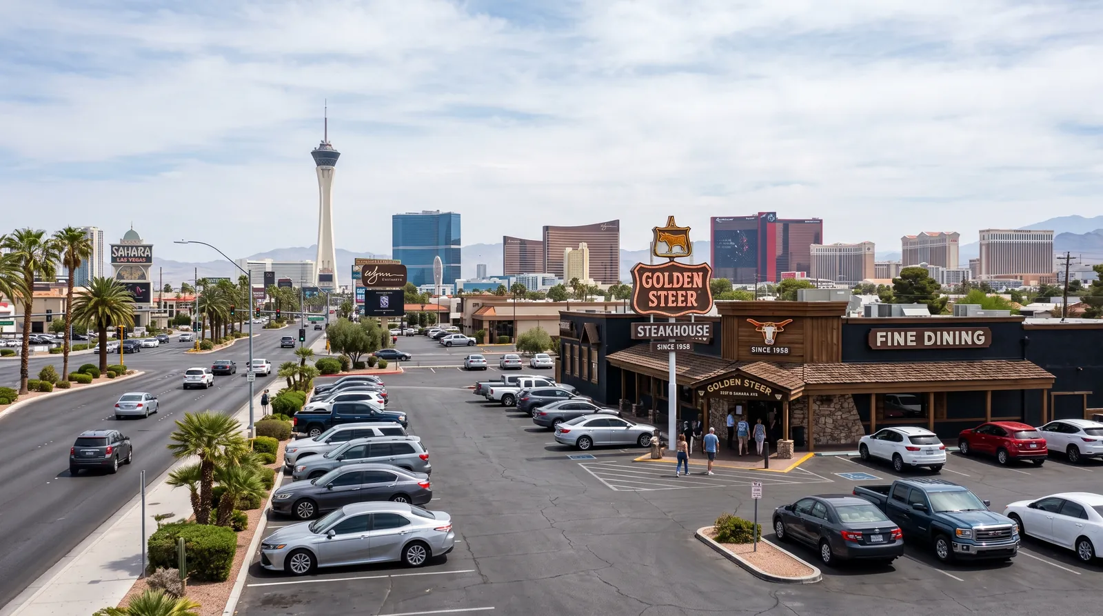 Golden Steer Steakhouse building and parking lot on West Sahara Avenue with the Las Vegas Strip skyline behind it