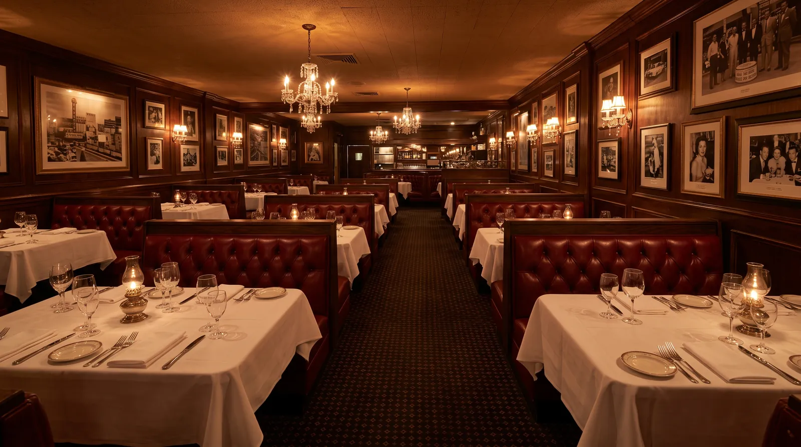 Interior dining room at the Golden Steer Steakhouse in Las Vegas with red leather booths and white tablecloths