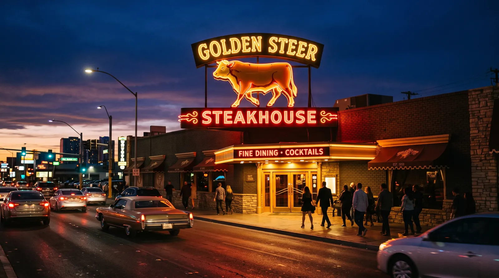 Golden Steer Steakhouse exterior and neon sign on West Sahara Avenue in Las Vegas at dusk