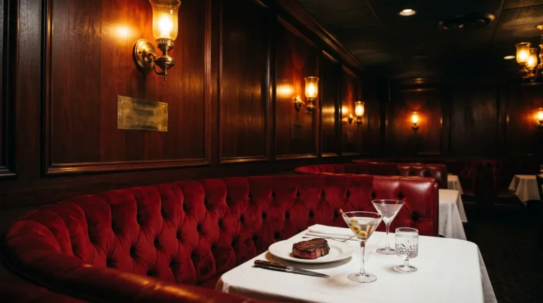 vintage red leather booth dining room of an old Vegas steakhouse at night