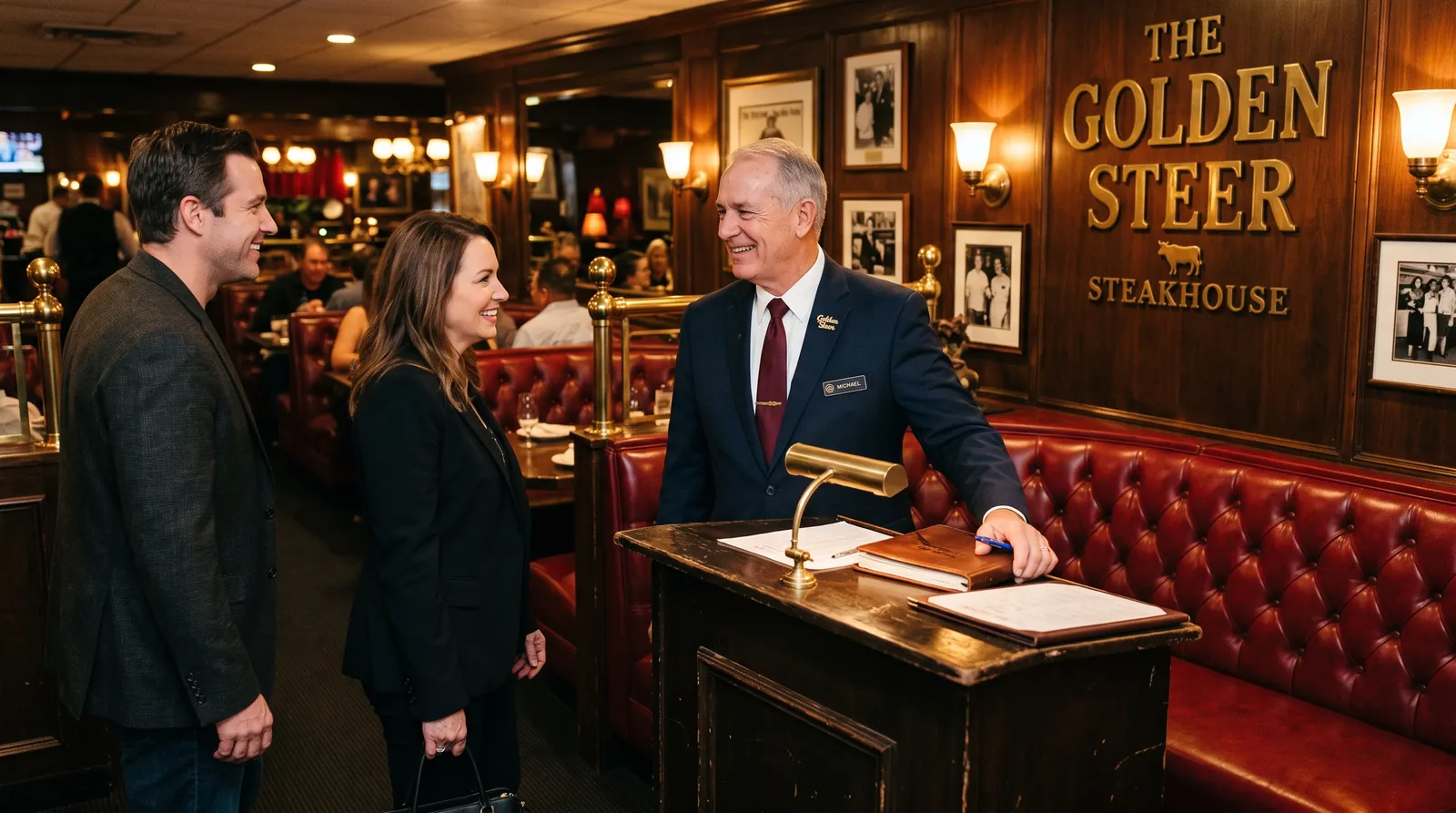 Host greeting guests at the podium inside the family-owned Golden Steer Steakhouse