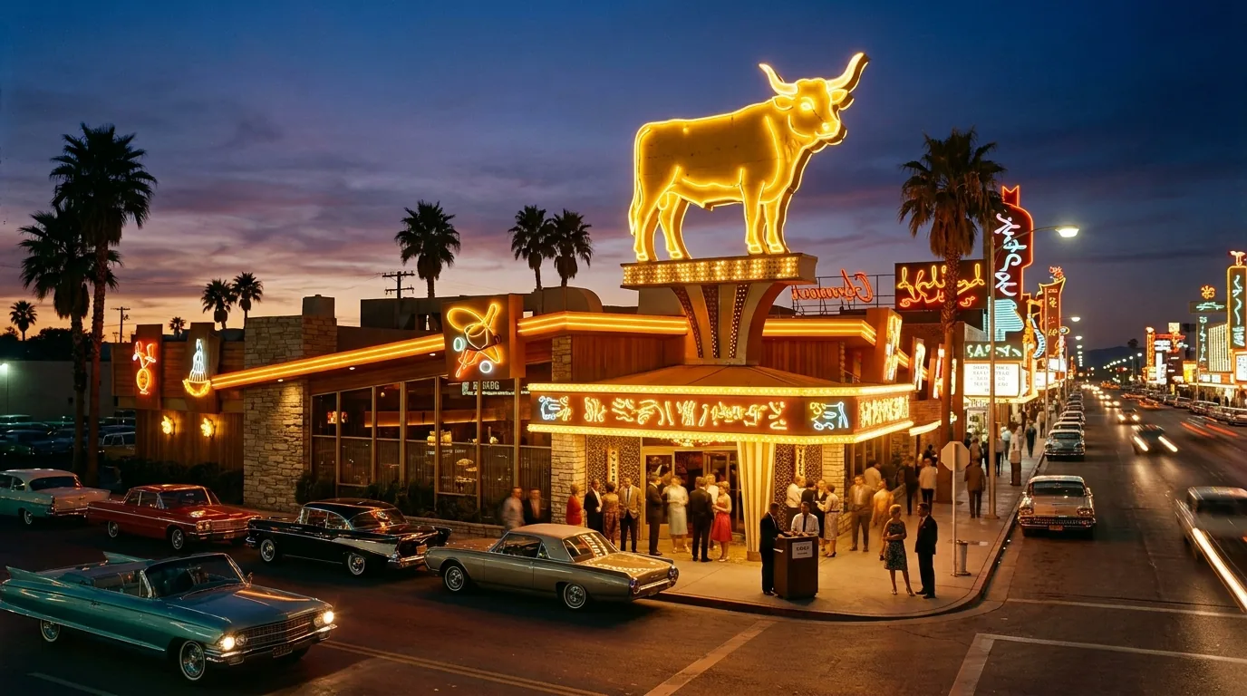 neon golden steer sign glowing above the Sahara Avenue steakhouse in the 1960s