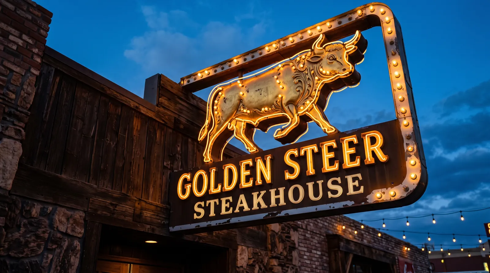 Close-up of the illuminated Golden Steer Steakhouse sign marking the Las Vegas location