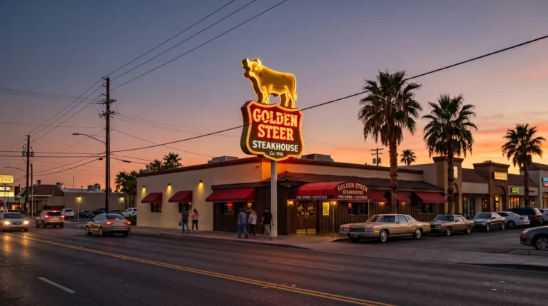 Golden Steer Steakhouse storefront at 308 W Sahara Ave, Las Vegas, just west of the Strip