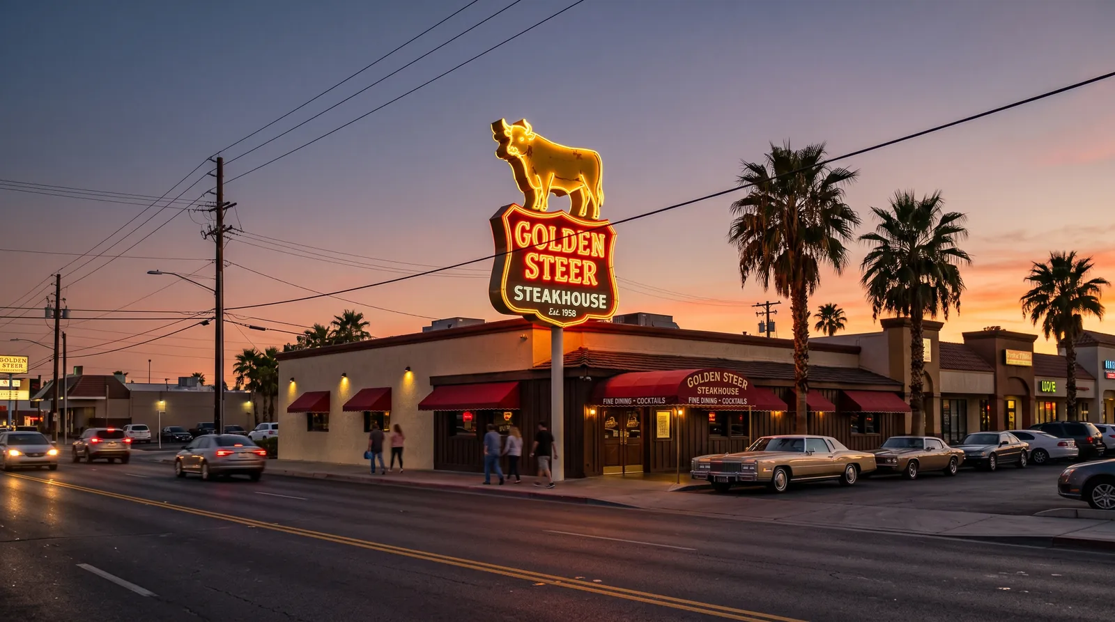 Golden Steer Steakhouse storefront at 308 W Sahara Ave, Las Vegas, just west of the Strip