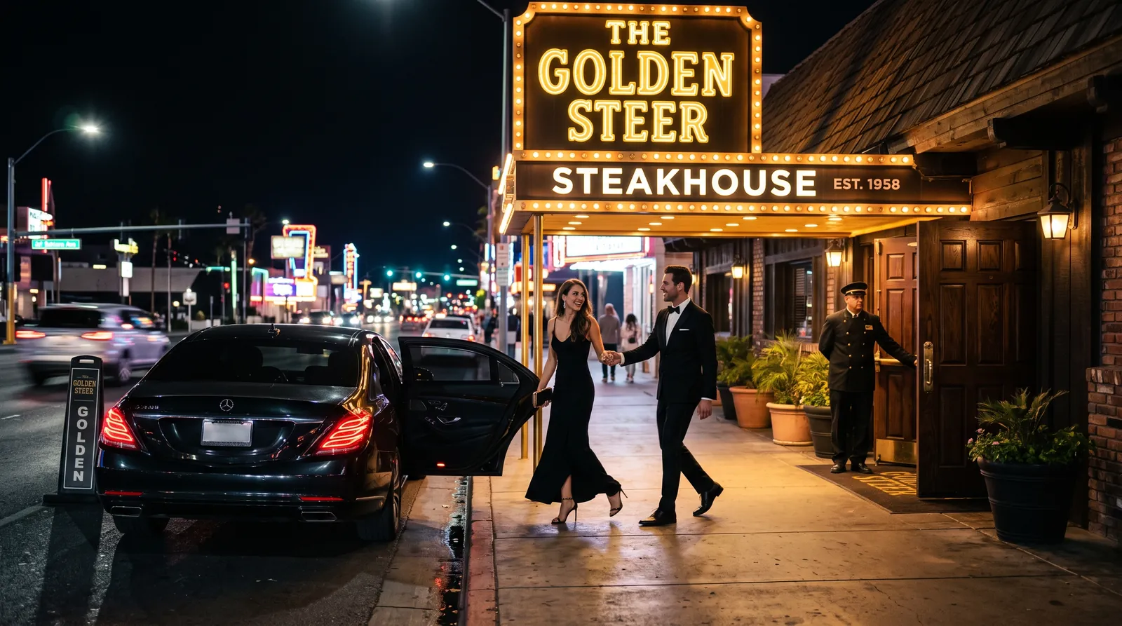 Guests arriving by car at the Golden Steer Steakhouse entrance in Las Vegas