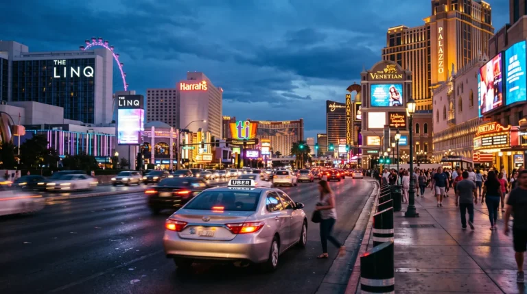 Las Vegas Strip at dusk near Caesars Palace, a short drive from the Golden Steer Steakhouse
