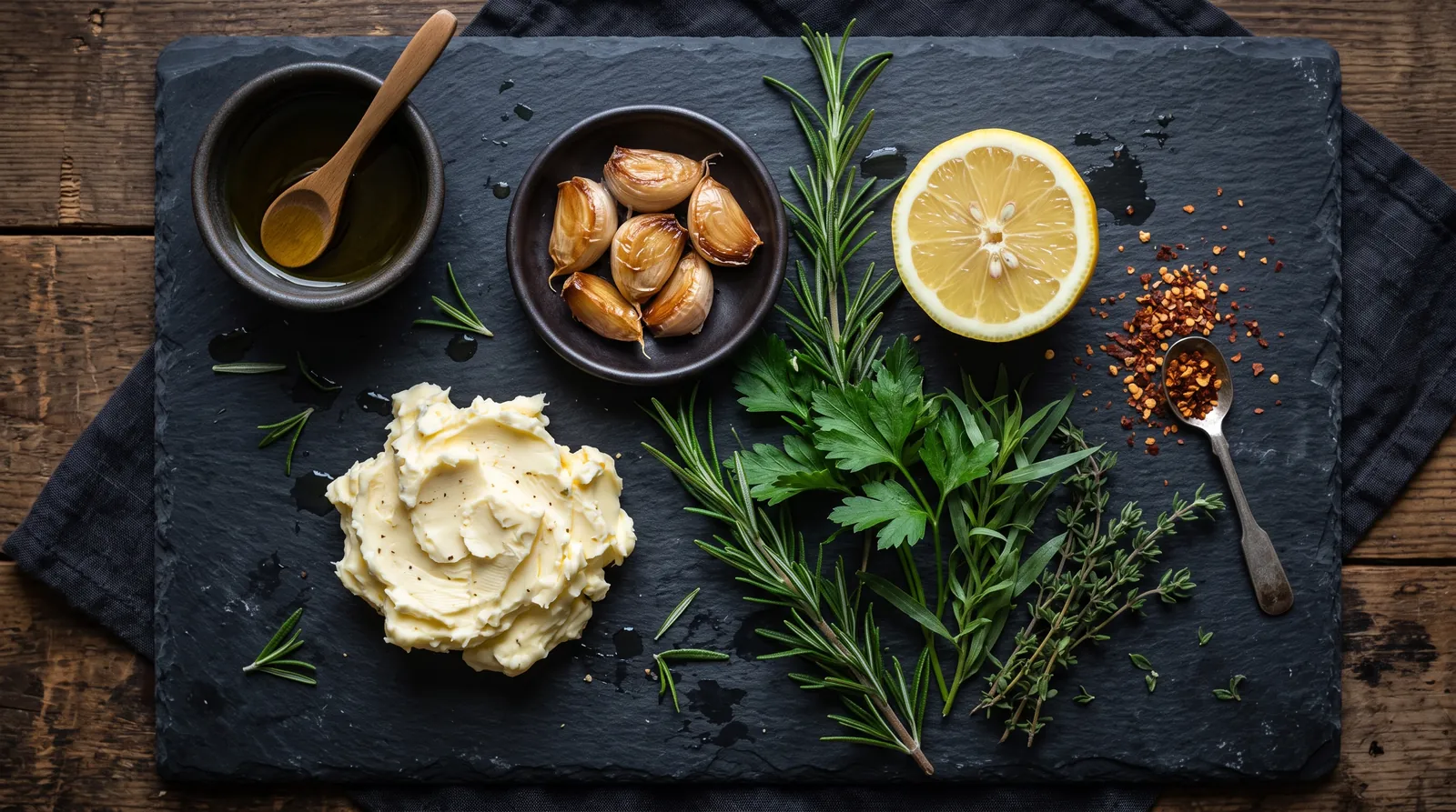 Roasted garlic, lemon and fresh herbs used in Golden Steer maitre d' butter