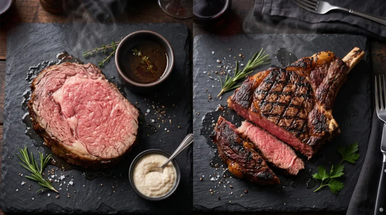 thick prime rib slice with au jus beside a grilled ribeye steak on dark slate