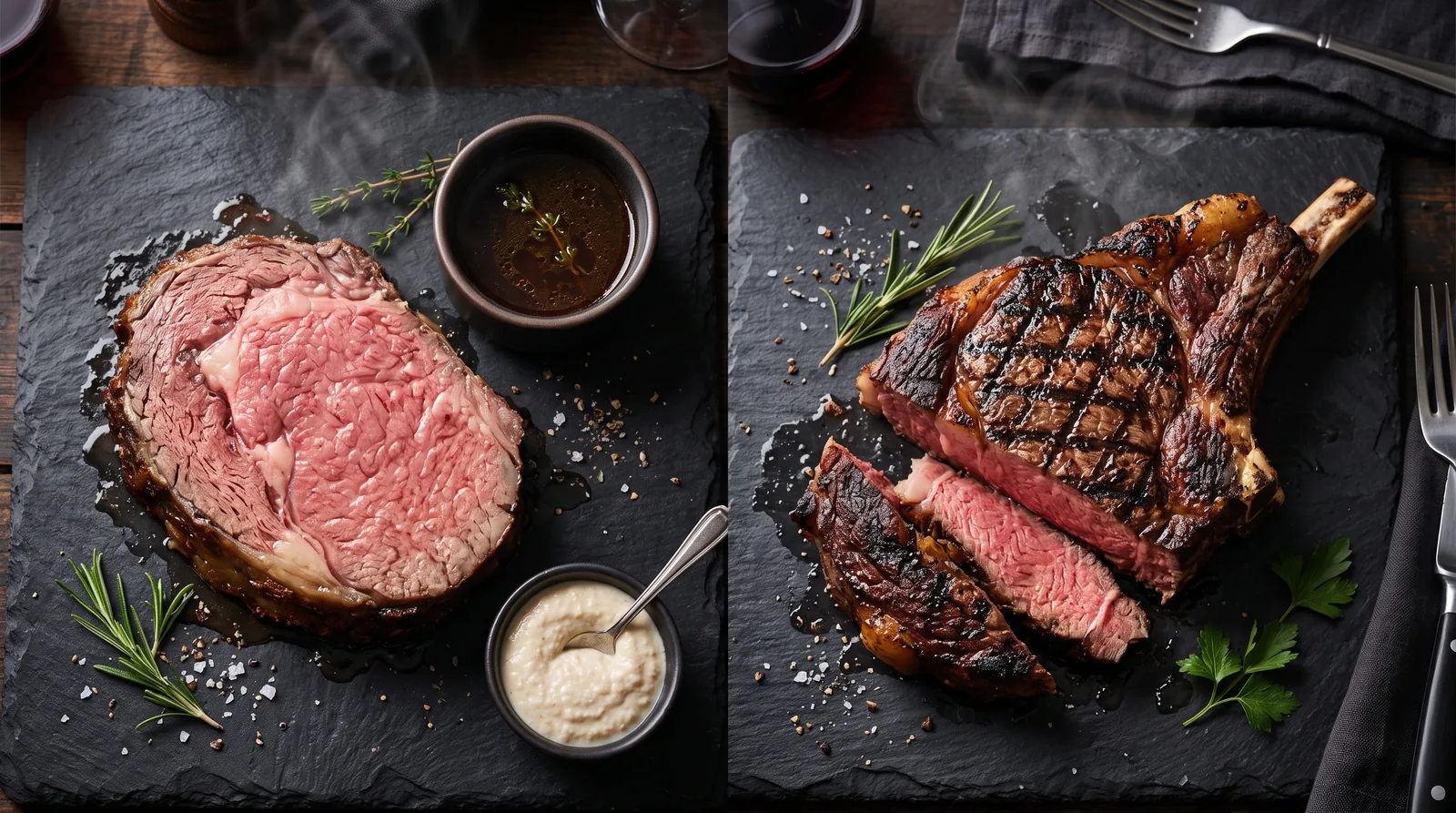 thick prime rib slice with au jus beside a grilled ribeye steak on dark slate