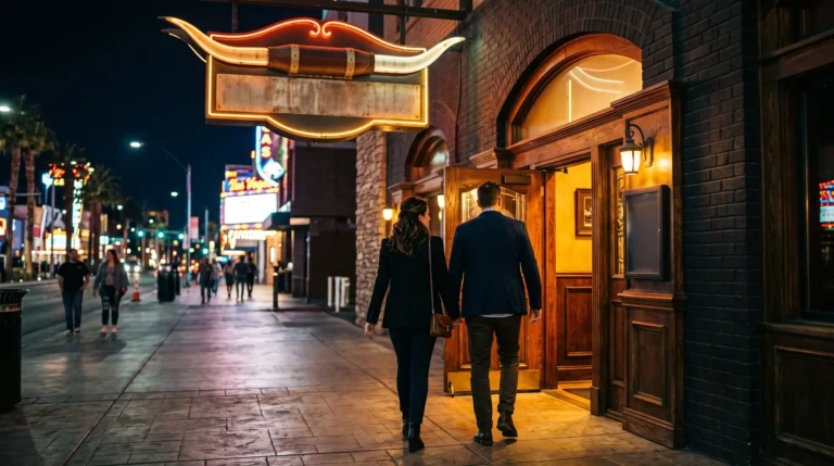 couple in smart casual attire entering an upscale Las Vegas restaurant at night