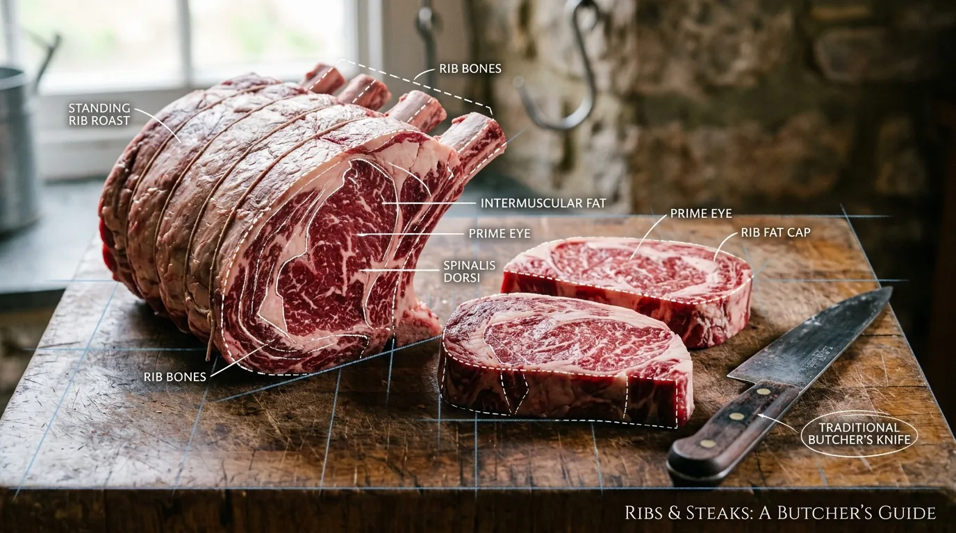 raw standing rib roast and cut ribeye steaks on a butcher block