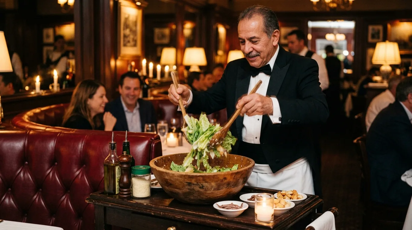 waiter tossing a tableside Caesar salad beside a red leather booth